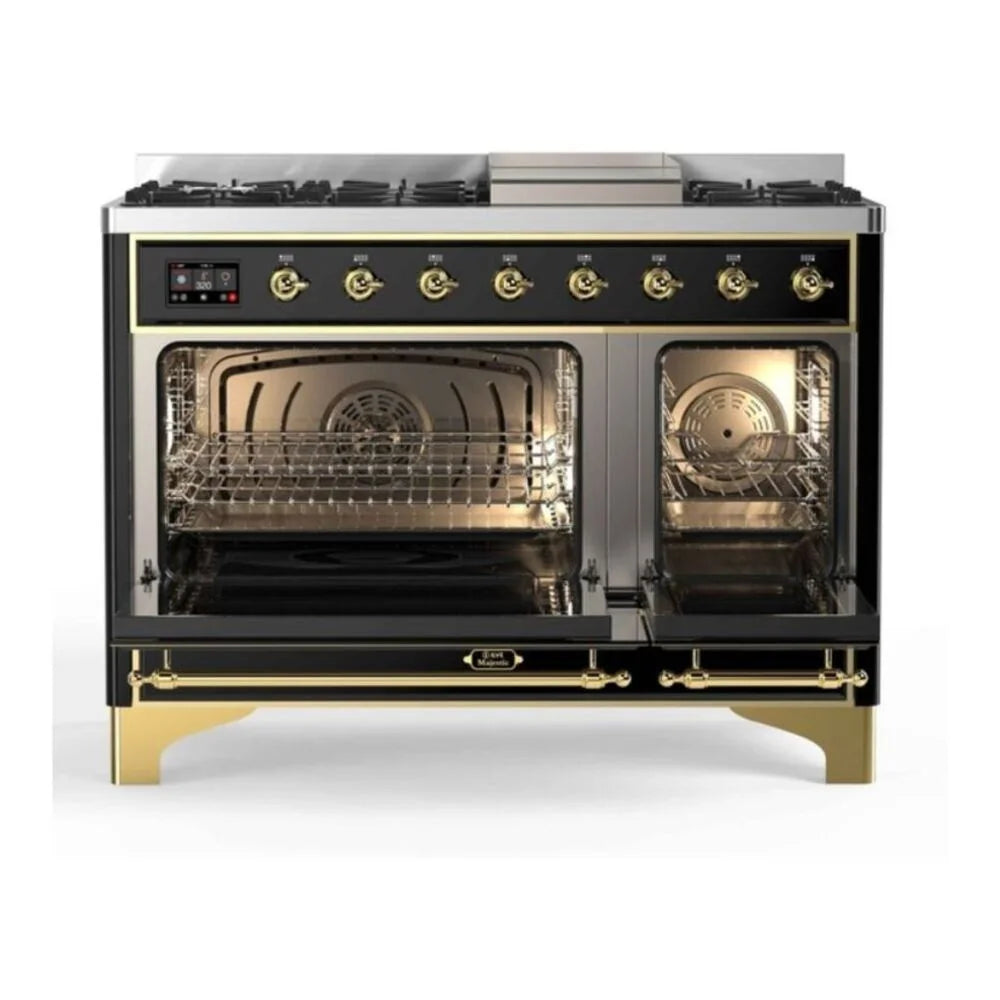 ILVE Majestic II 48" Dual Fuel Freestanding Range in Glossy Black with Brass Trim, UM12FDNS3BKG