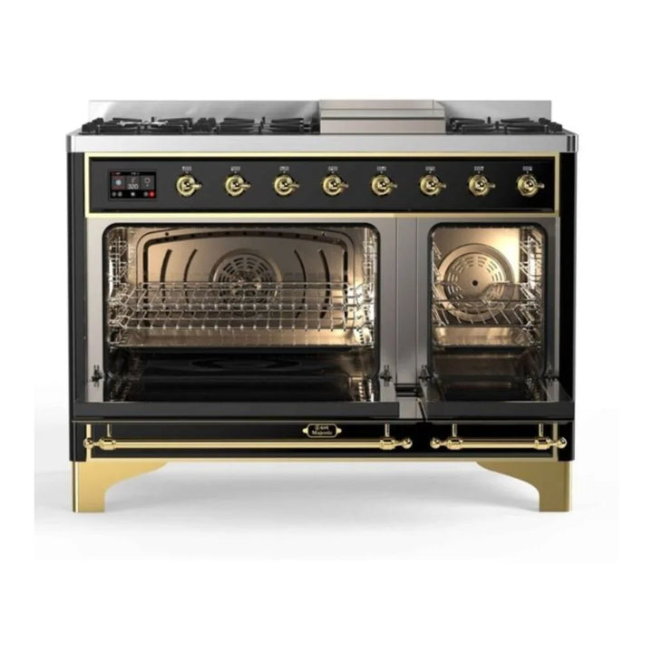 ILVE Majestic II 48" Dual Fuel Freestanding Range in Glossy Black with Brass Trim, UM12FDNS3BKG