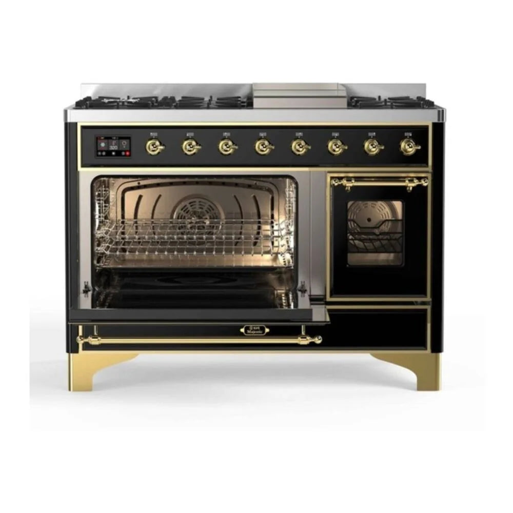 ILVE Majestic II 48" Dual Fuel Freestanding Range in Glossy Black with Brass Trim, UM12FDNS3BKG