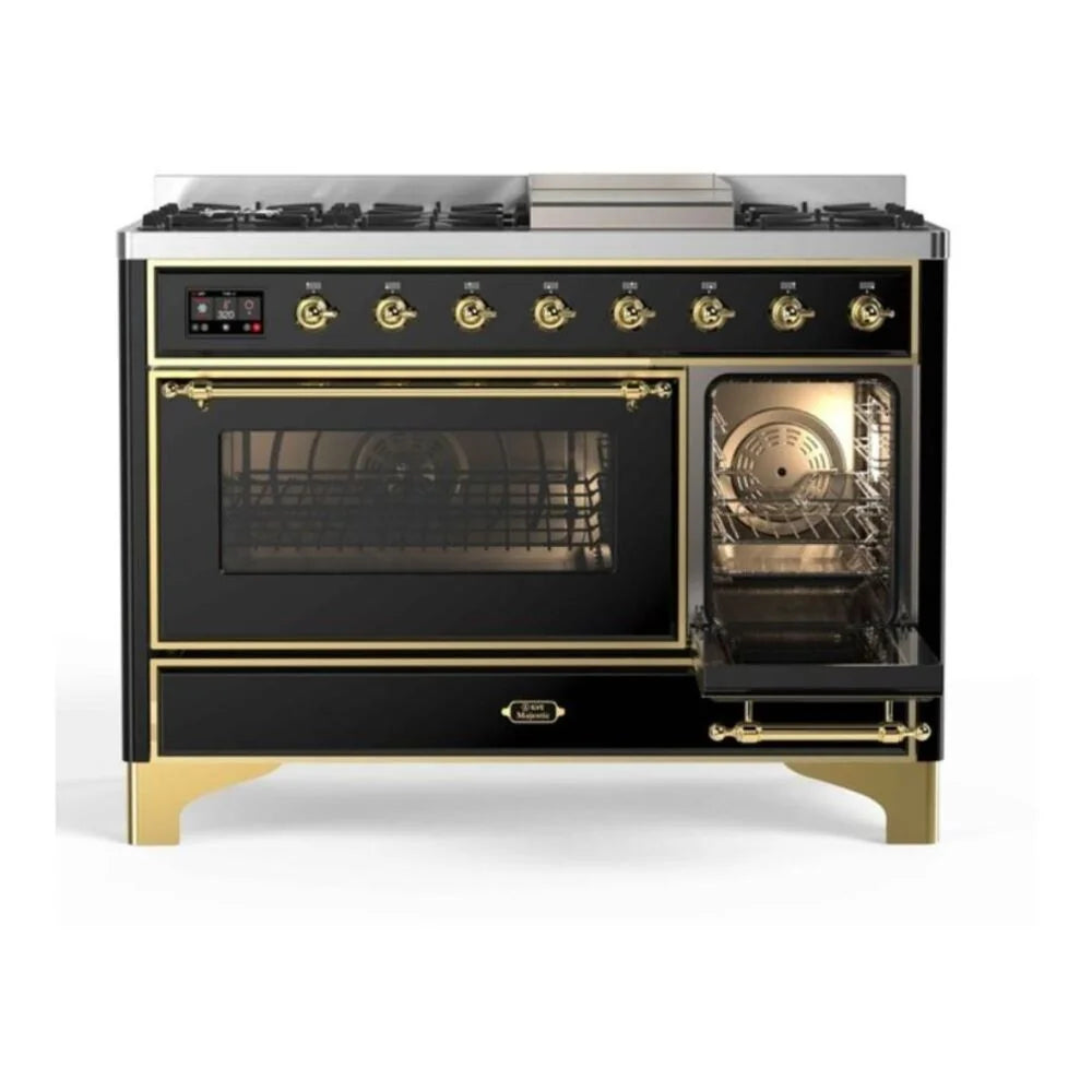 ILVE Majestic II 48" Dual Fuel Freestanding Range in Glossy Black with Brass Trim, UM12FDNS3BKG