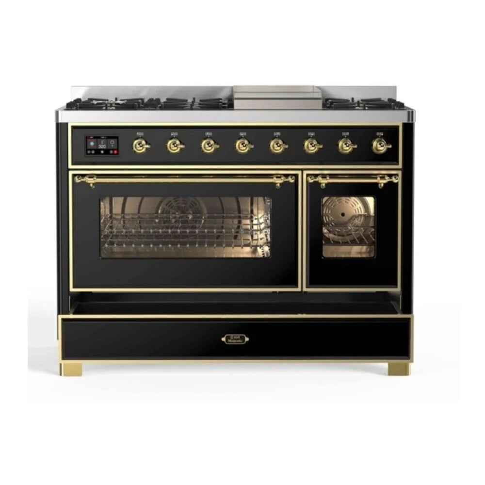 ILVE Majestic II 48" Dual Fuel Freestanding Range in Glossy Black with Brass Trim, UM12FDNS3BKG