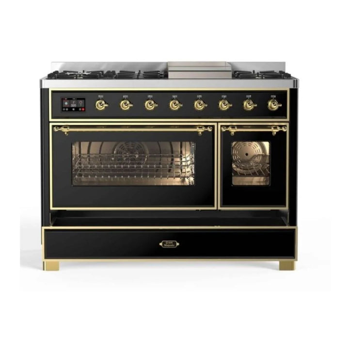 ILVE Majestic II 48" Dual Fuel Freestanding Range in Glossy Black with Brass Trim, UM12FDNS3BKG