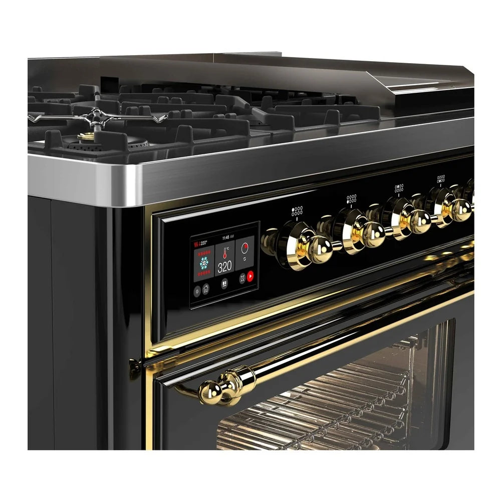 ILVE Majestic II 48" Dual Fuel Freestanding Range in Glossy Black with Brass Trim, UM12FDNS3BKG