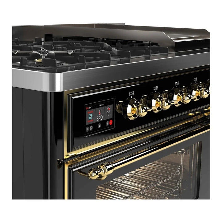 ILVE Majestic II 48" Dual Fuel Freestanding Range in Glossy Black with Brass Trim, UM12FDNS3BKG