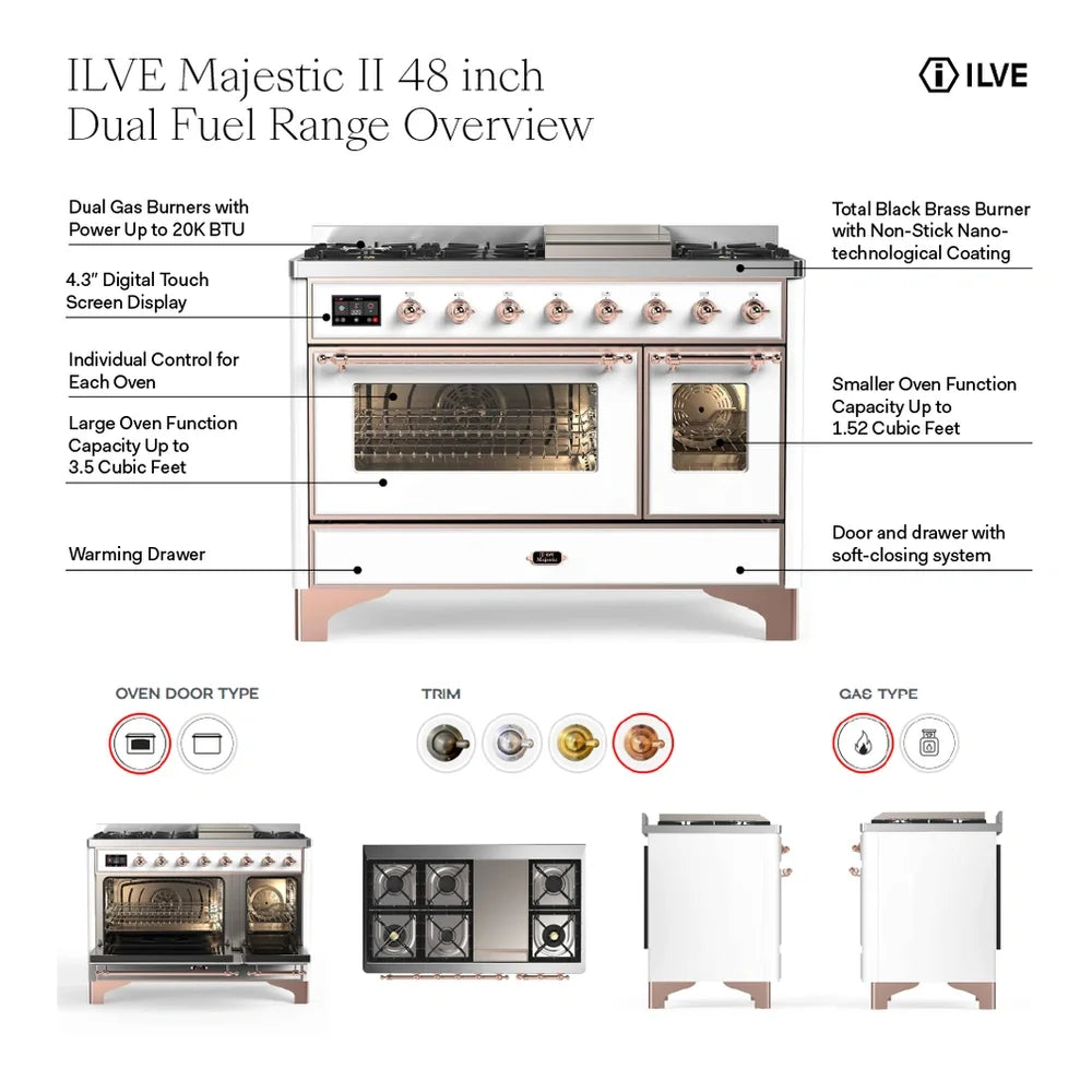 ILVE Majestic II 48" Dual Fuel Freestanding Range in Graphite Matte with Brass Trim, UM12FDNS3MGG