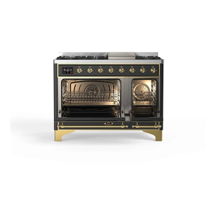 ILVE Majestic II 48" Dual Fuel Freestanding Range in Graphite Matte with Brass Trim, UM12FDNS3MGG