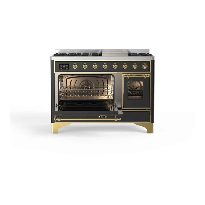 ILVE Majestic II 48" Dual Fuel Freestanding Range in Graphite Matte with Brass Trim, UM12FDNS3MGG