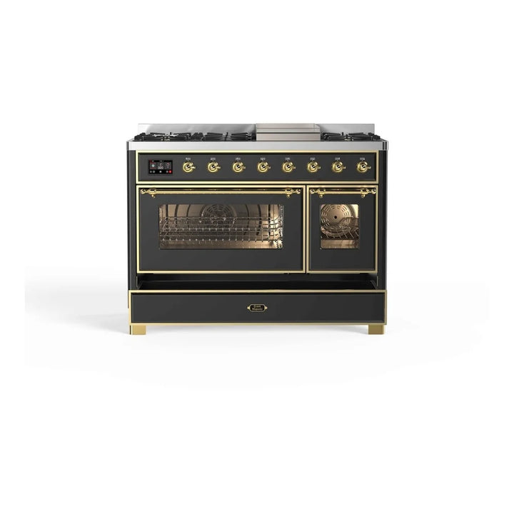 ILVE Majestic II 48" Dual Fuel Freestanding Range in Graphite Matte with Brass Trim, UM12FDNS3MGG