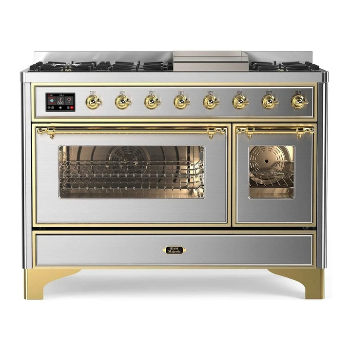 ILVE Majestic II 48" Dual Fuel Freestanding Range in Stainless Steel with Brass Trim, UM12FDNS3SSG