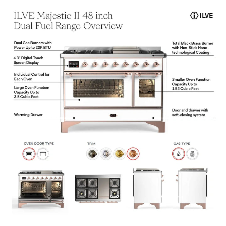 ILVE Majestic II 48" Dual Fuel Freestanding Range in Stainless Steel with Brass Trim, UM12FDNS3SSG