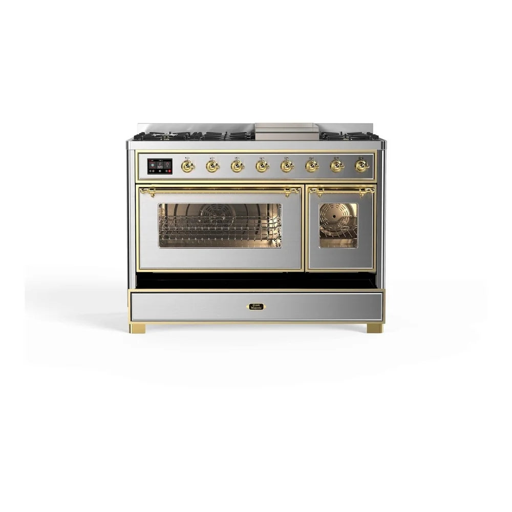 ILVE Majestic II 48" Dual Fuel Freestanding Range in Stainless Steel with Brass Trim, UM12FDNS3SSG