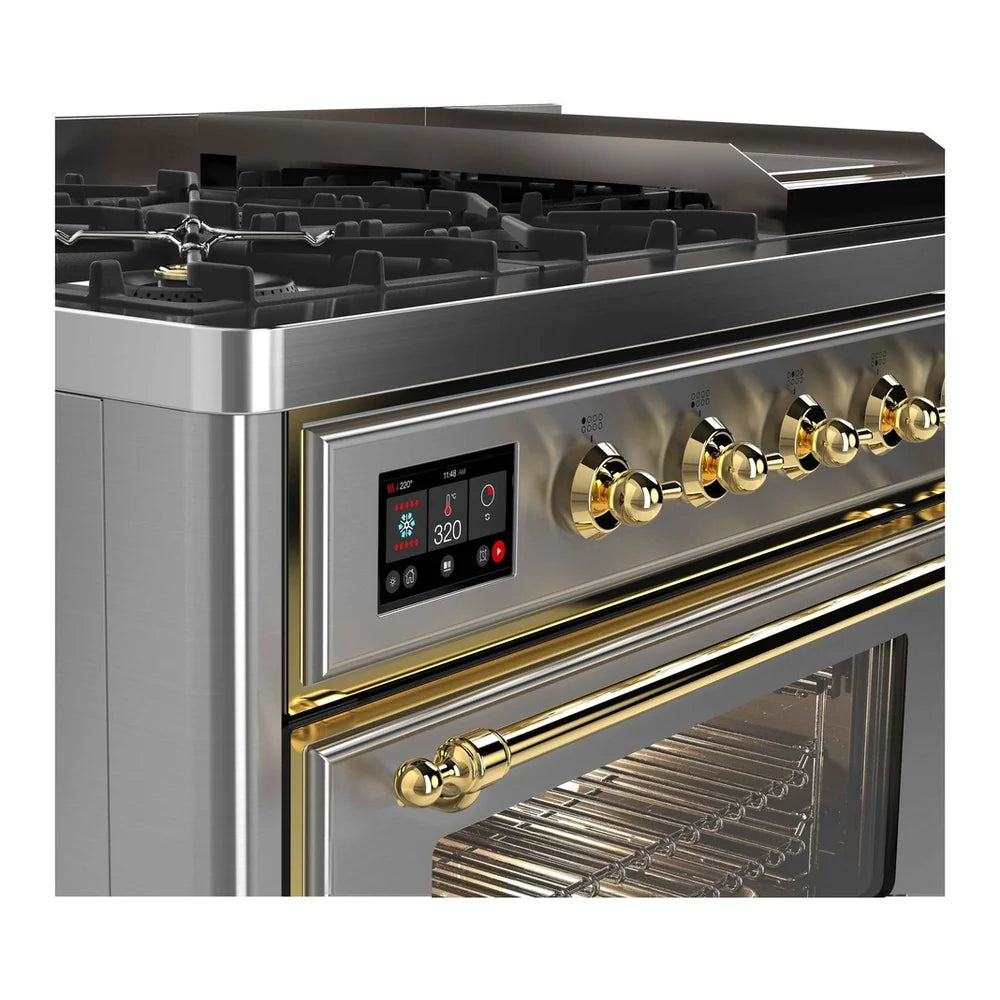 ILVE Majestic II 48" Dual Fuel Freestanding Range in Stainless Steel with Brass Trim, UM12FDNS3SSG