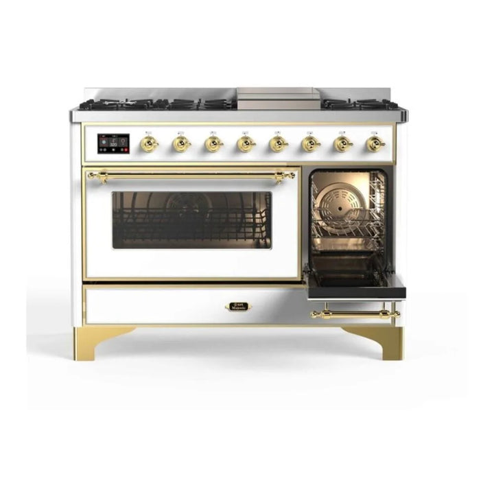 ILVE Majestic II 48" Dual Fuel Freestanding Range in White with Brass Trim, UM12FDNS3WHG