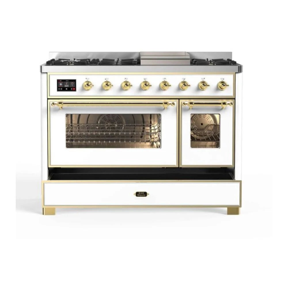 ILVE Majestic II 48" Dual Fuel Freestanding Range in White with Brass Trim, UM12FDNS3WHG