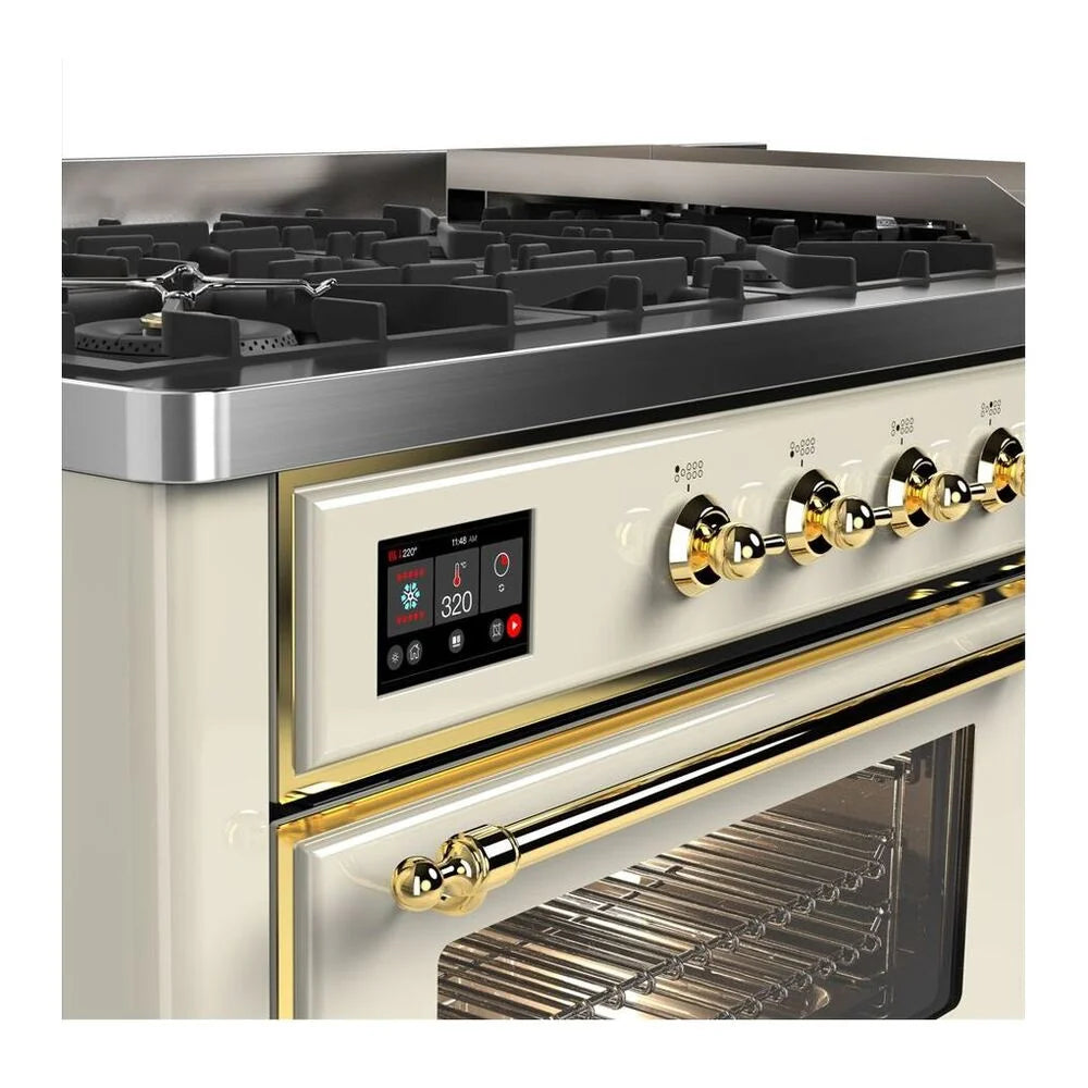 ILVE Majestic II 60" Dual Fuel Freestanding Range in Antique White with Brass Trim, UM15FDNS3AWG