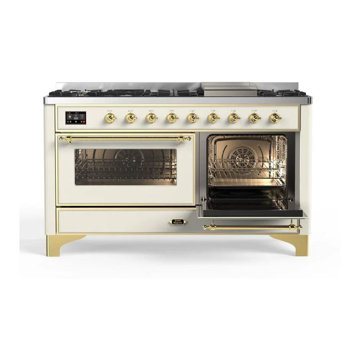ILVE Majestic II 60" Dual Fuel Freestanding Range in Antique White with Brass Trim, UM15FDNS3AWG