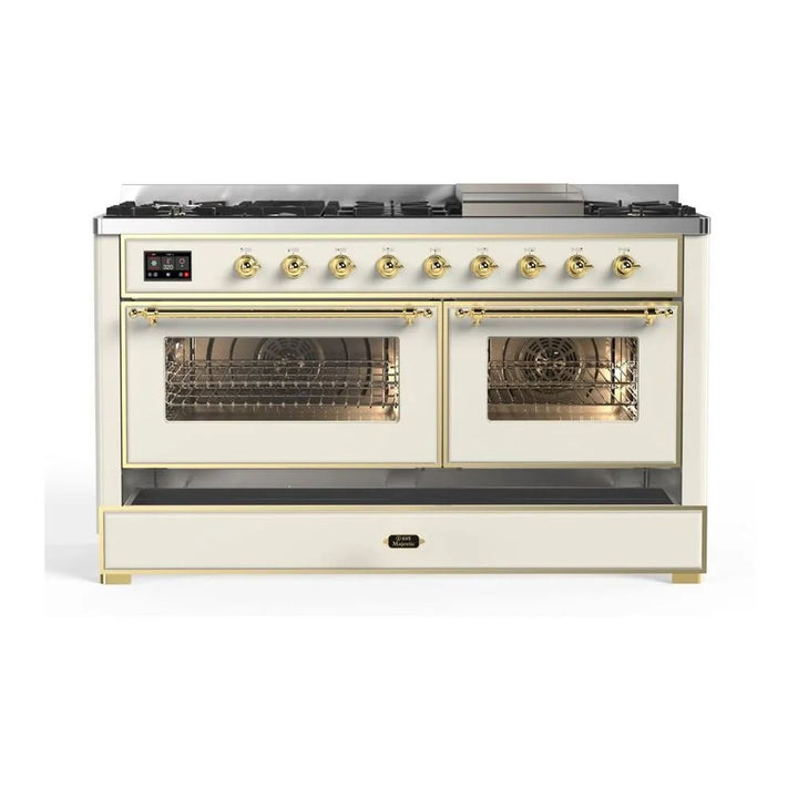 ILVE Majestic II 60" Dual Fuel Freestanding Range in Antique White with Brass Trim, UM15FDNS3AWG