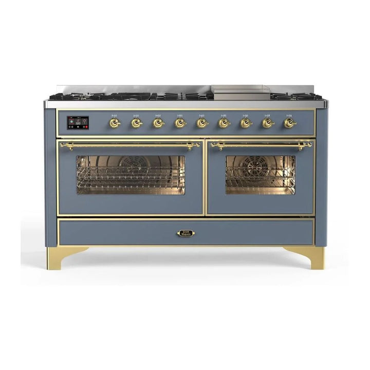 ILVE Majestic II 60" Dual Fuel Freestanding Range in Blue Grey with Brass Trim, UM15FDNS3BGG