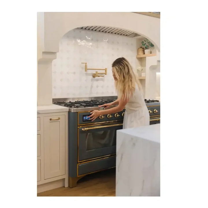 ILVE Majestic II 60" Dual Fuel Freestanding Range in Blue Grey with Brass Trim, UM15FDNS3BGG