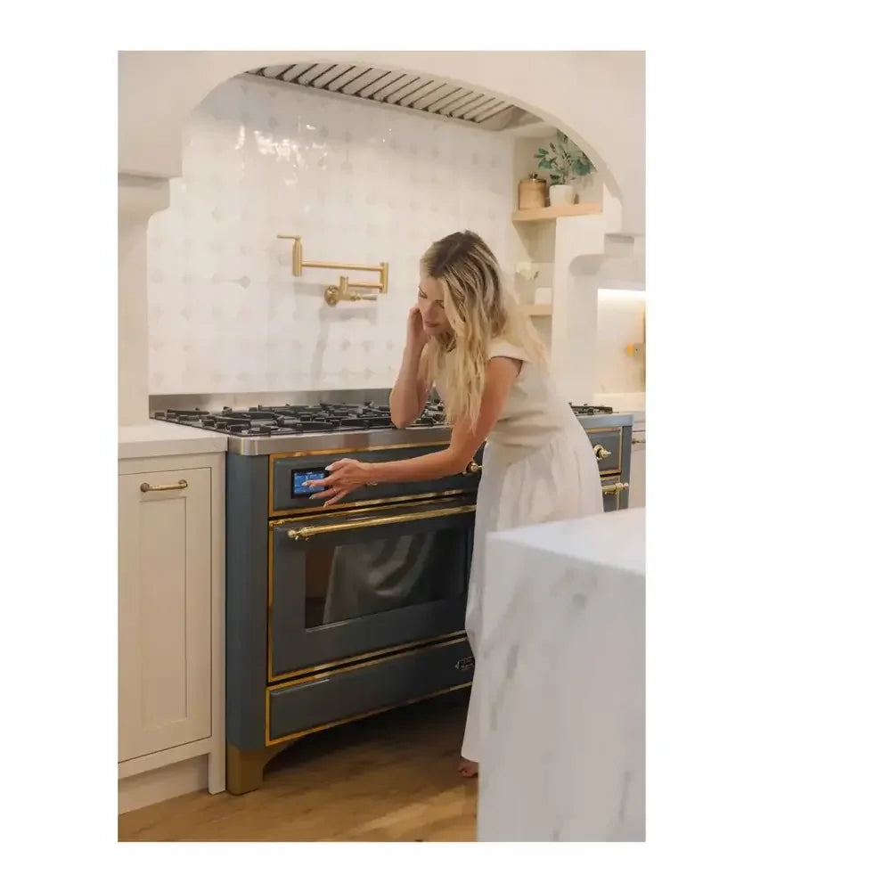 ILVE Majestic II 60" Dual Fuel Freestanding Range in Blue Grey with Brass Trim, UM15FDNS3BGG