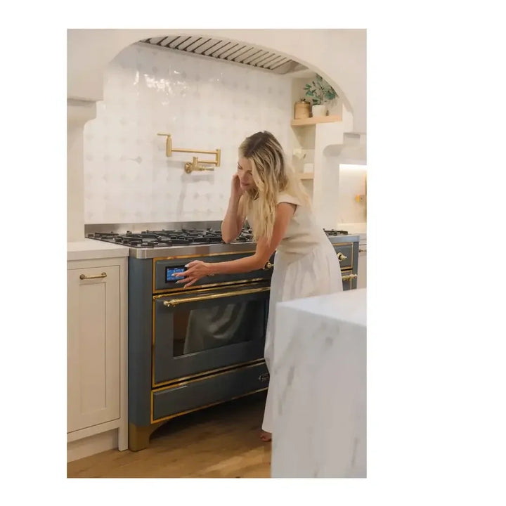ILVE Majestic II 60" Dual Fuel Freestanding Range in Blue Grey with Brass Trim, UM15FDNS3BGG