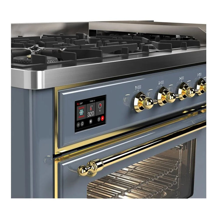 ILVE Majestic II 60" Dual Fuel Freestanding Range in Blue Grey with Brass Trim, UM15FDNS3BGG