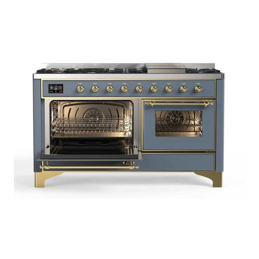 ILVE Majestic II 60" Dual Fuel Freestanding Range in Blue Grey with Brass Trim, UM15FDNS3BGG