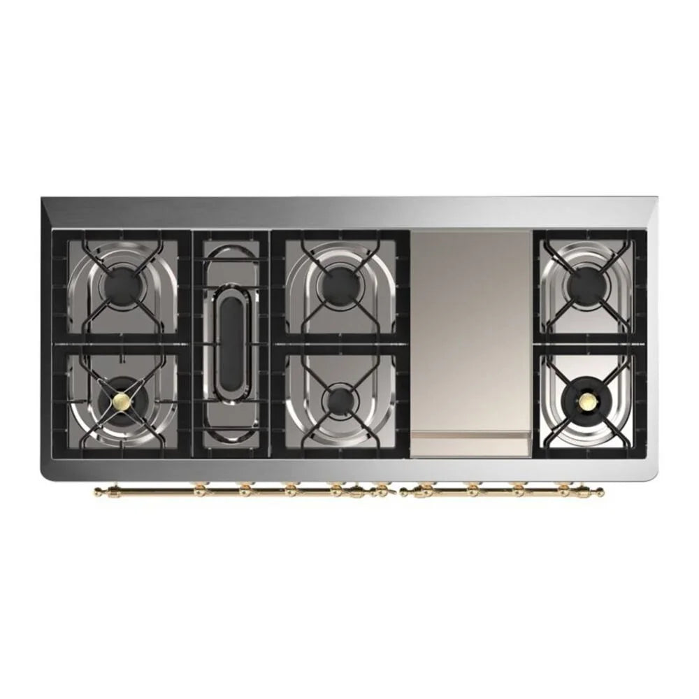 ILVE Majestic II 60" Dual Fuel Freestanding Range in Blue Grey with Brass Trim, UM15FDNS3BGG