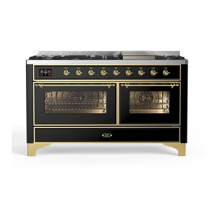 ILVE Majestic II 60" Dual Fuel Freestanding Range in Glossy Black with Brass Trim, UM15FDNS3BKG