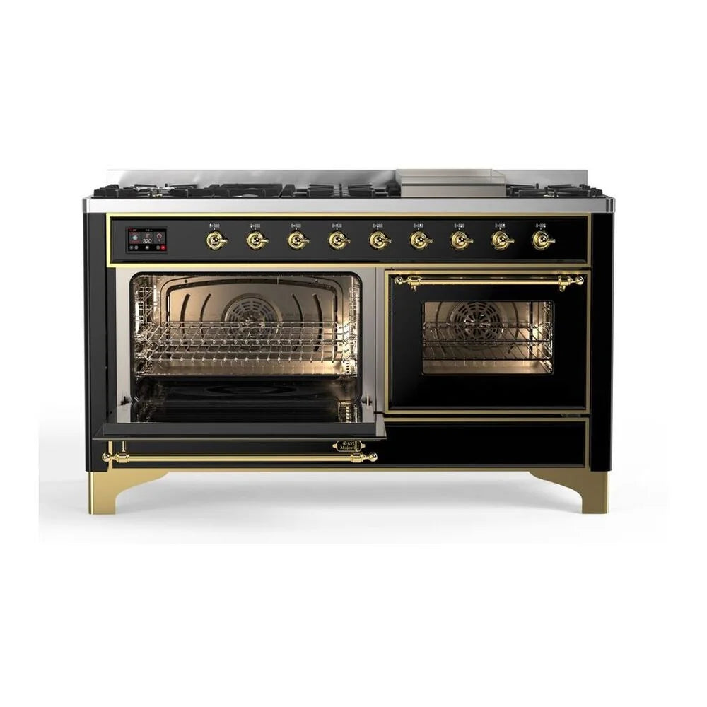 ILVE Majestic II 60" Dual Fuel Freestanding Range in Glossy Black with Brass Trim, UM15FDNS3BKG