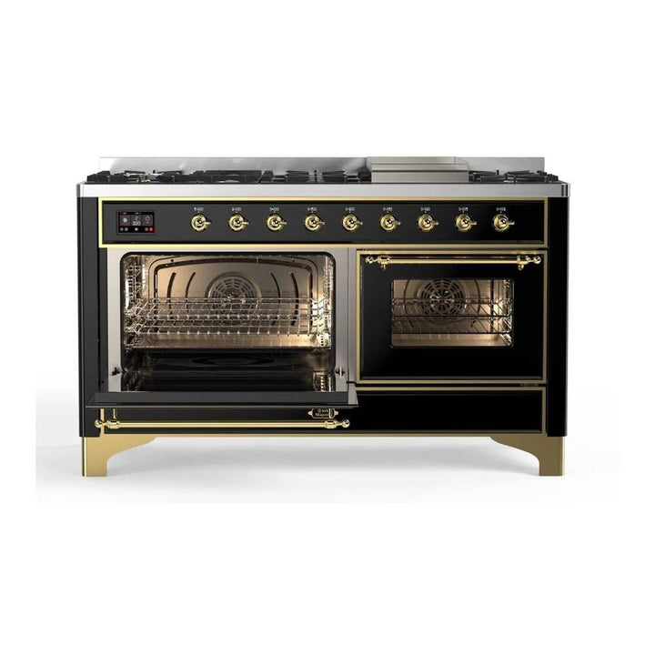 ILVE Majestic II 60" Dual Fuel Freestanding Range in Glossy Black with Brass Trim, UM15FDNS3BKG