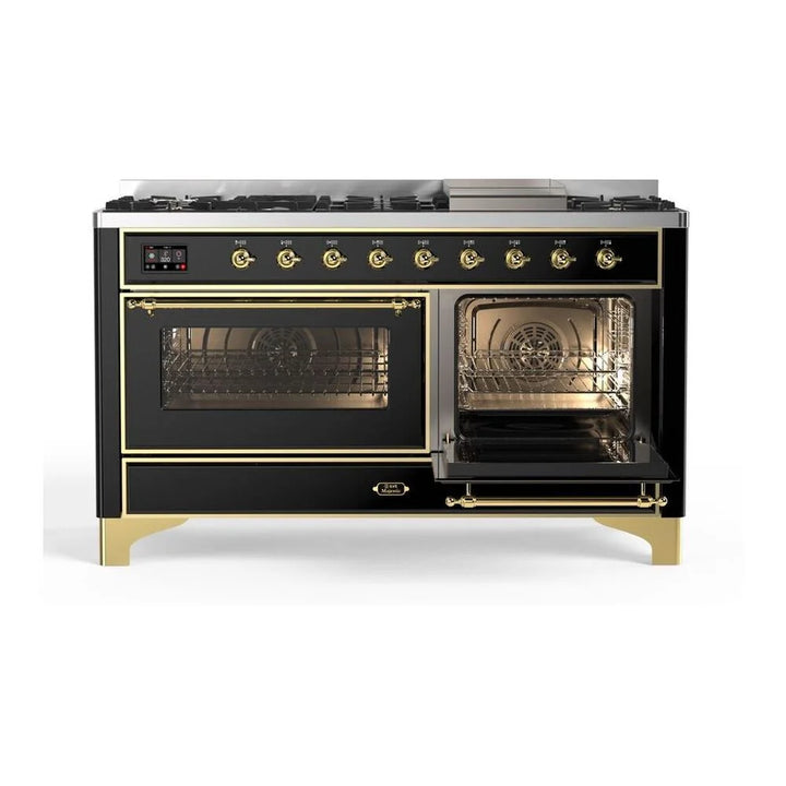 ILVE Majestic II 60" Dual Fuel Freestanding Range in Glossy Black with Brass Trim, UM15FDNS3BKG
