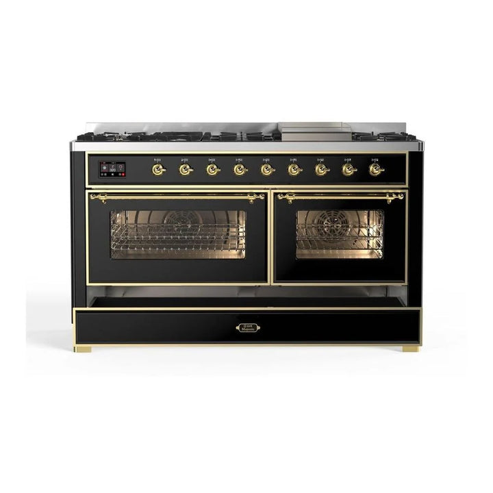 ILVE Majestic II 60" Dual Fuel Freestanding Range in Glossy Black with Brass Trim, UM15FDNS3BKG
