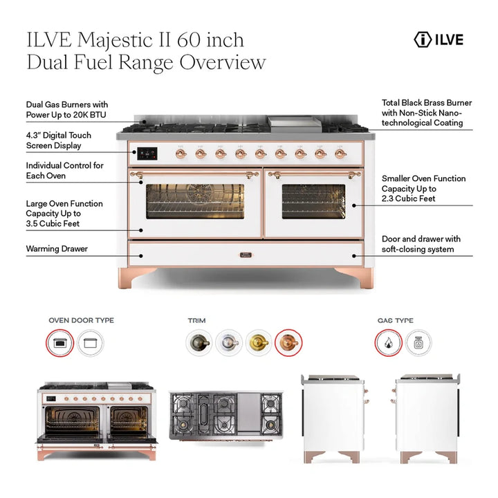 ILVE Majestic II 60" Dual Fuel Freestanding Range in Midnight Blue with Brass Trim, UM15FDNS3MBG