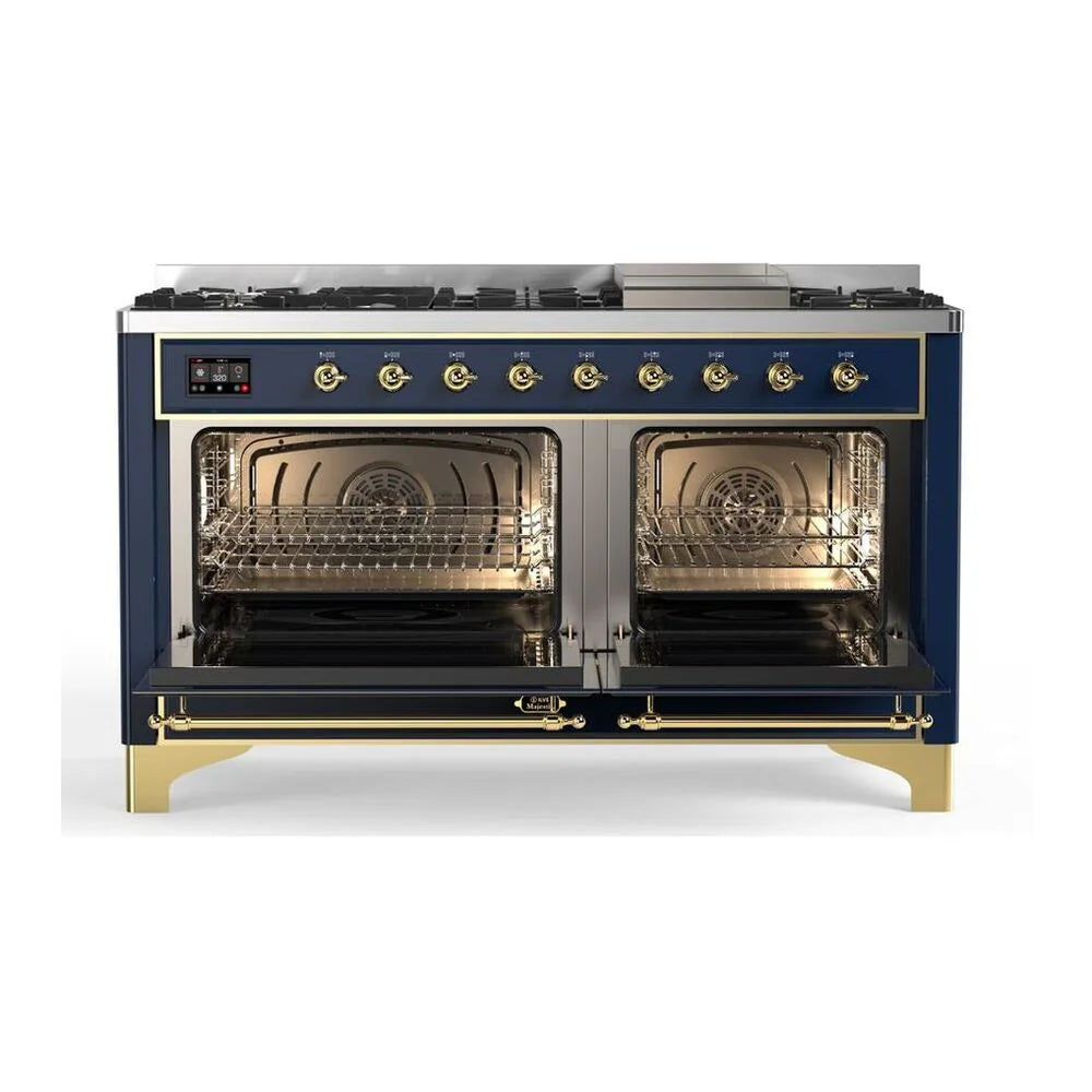 ILVE Majestic II 60" Dual Fuel Freestanding Range in Midnight Blue with Brass Trim, UM15FDNS3MBG