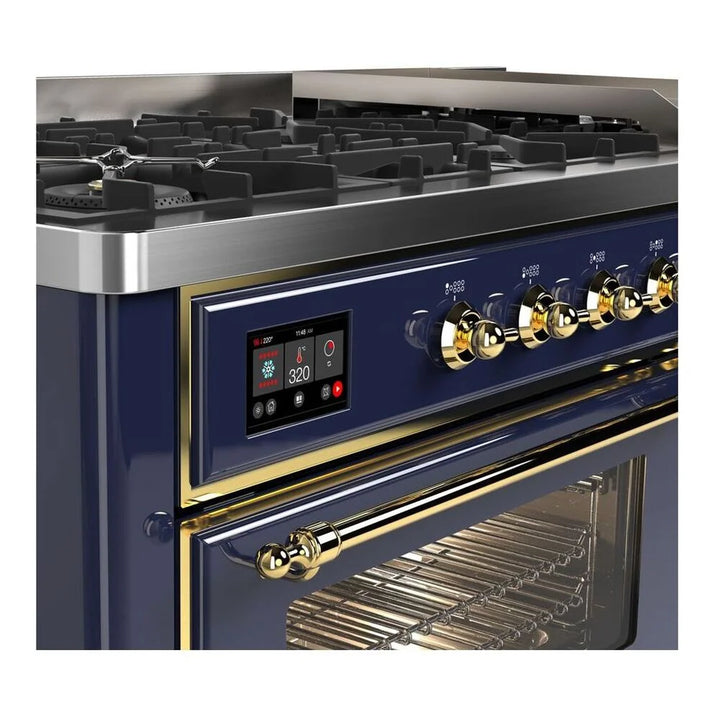 ILVE Majestic II 60" Dual Fuel Freestanding Range in Midnight Blue with Brass Trim, UM15FDNS3MBG