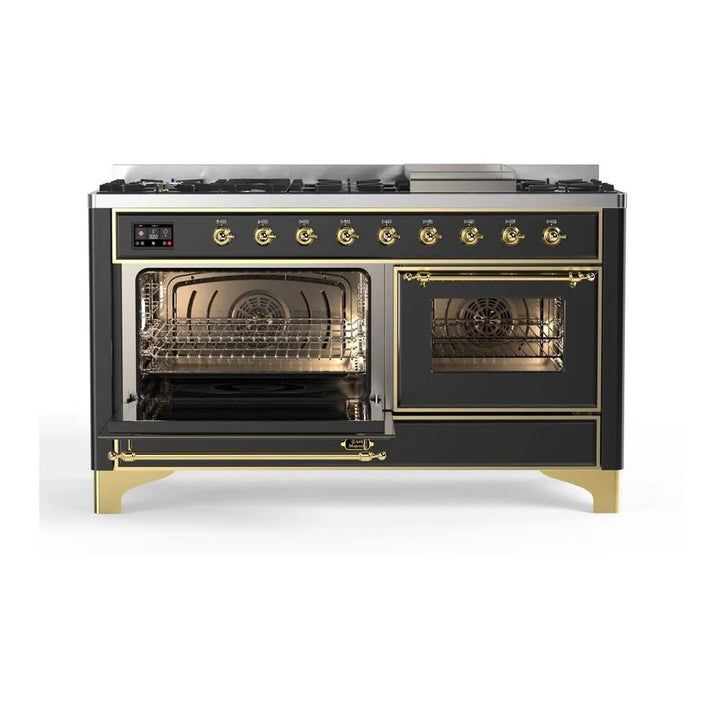 ILVE Majestic II 60" Dual Fuel Freestanding Range in Graphite Matte with Brass Trim, UM15FDNS3MGG