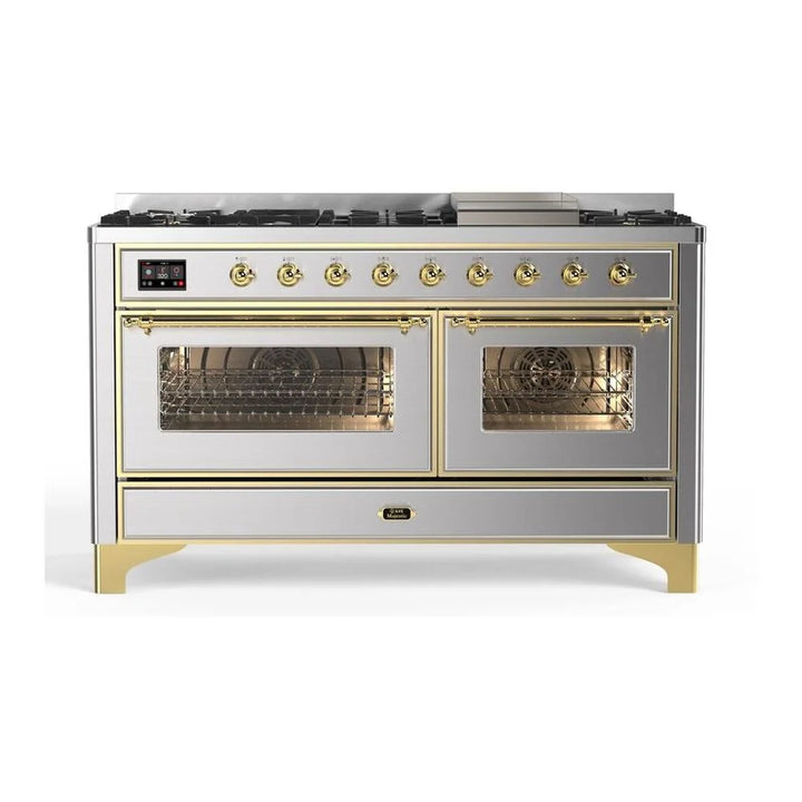 ILVE Majestic II 60" Dual Fuel Freestanding Range in Stainless Steel with Brass Trim, UM15FDNS3SSG