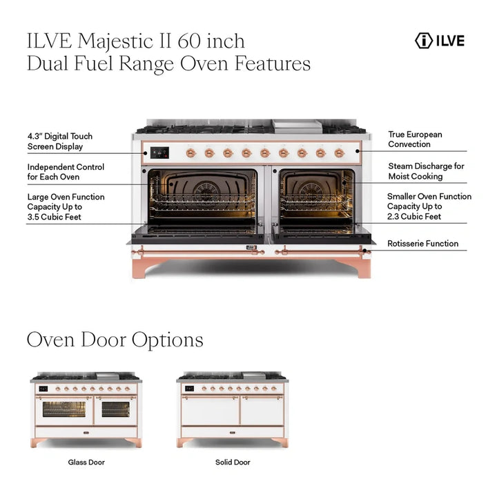 ILVE Majestic II 60" Dual Fuel Freestanding Range in Stainless Steel with Brass Trim, UM15FDNS3SSG