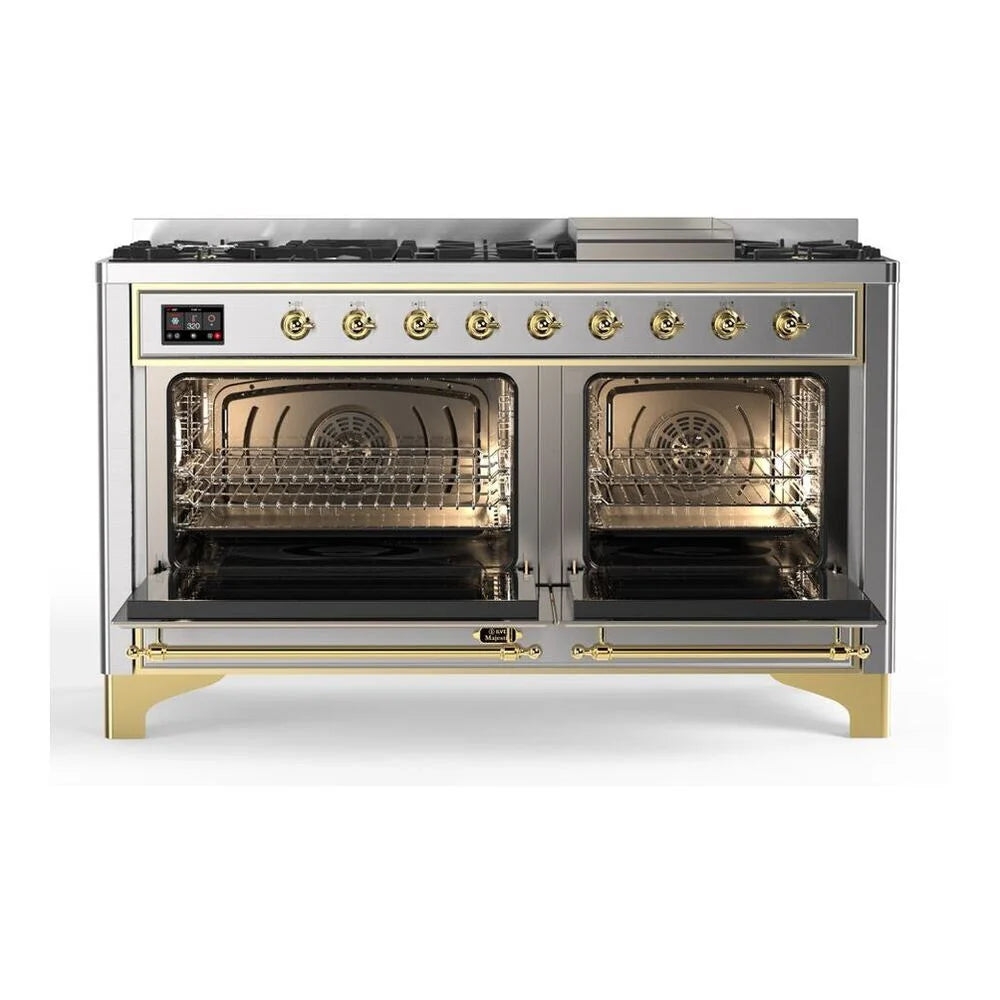 ILVE Majestic II 60" Dual Fuel Freestanding Range in Stainless Steel with Brass Trim, UM15FDNS3SSG