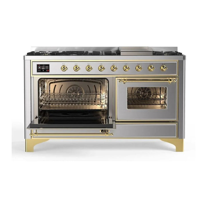 ILVE Majestic II 60" Dual Fuel Freestanding Range in Stainless Steel with Brass Trim, UM15FDNS3SSG