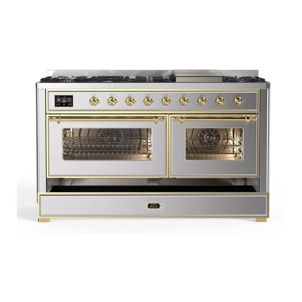 ILVE Majestic II 60" Dual Fuel Freestanding Range in Stainless Steel with Brass Trim, UM15FDNS3SSG