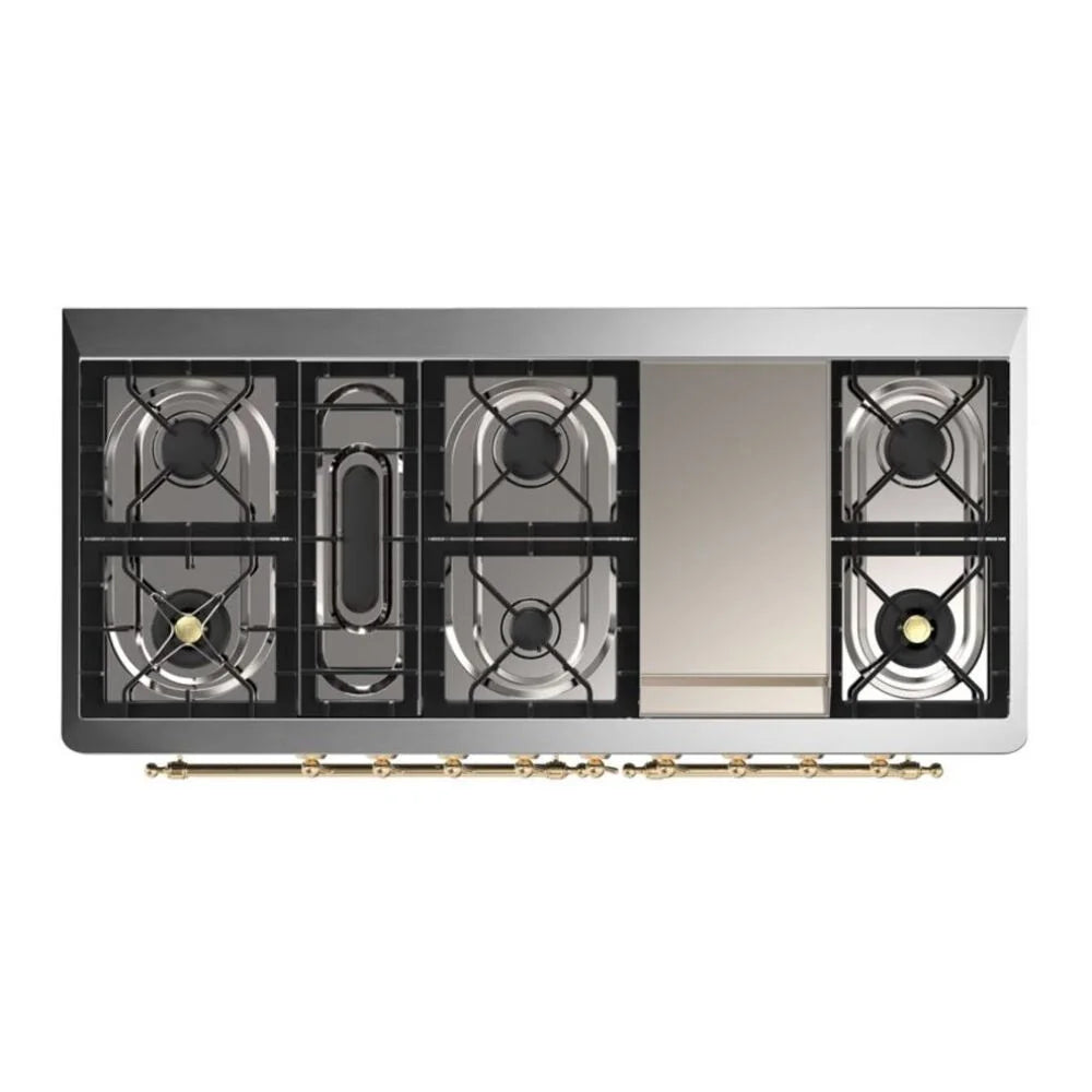 ILVE Majestic II 60" Dual Fuel Freestanding Range in Stainless Steel with Brass Trim, UM15FDNS3SSG