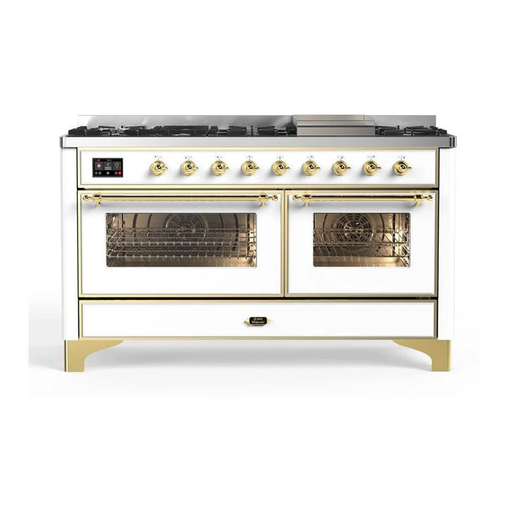 ILVE Majestic II 60" Dual Fuel Freestanding Range in White with Brass Trim, UM15FDNS3WHG