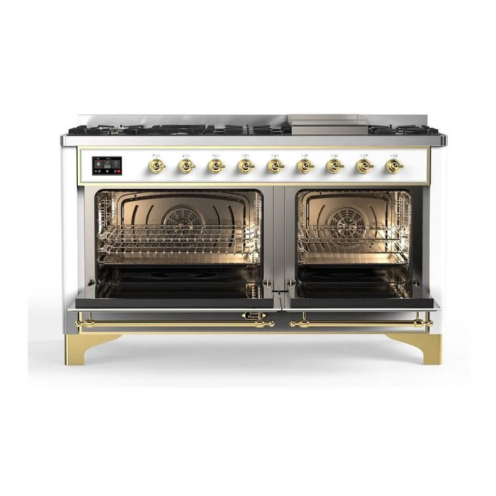 ILVE Majestic II 60" Dual Fuel Freestanding Range in White with Brass Trim, UM15FDNS3WHG