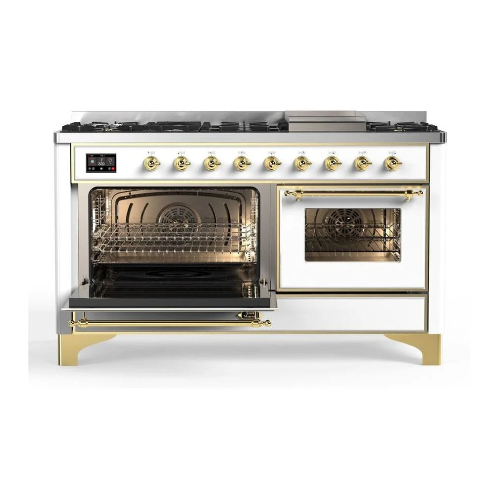 ILVE Majestic II 60" Dual Fuel Freestanding Range in White with Brass Trim, UM15FDNS3WHG