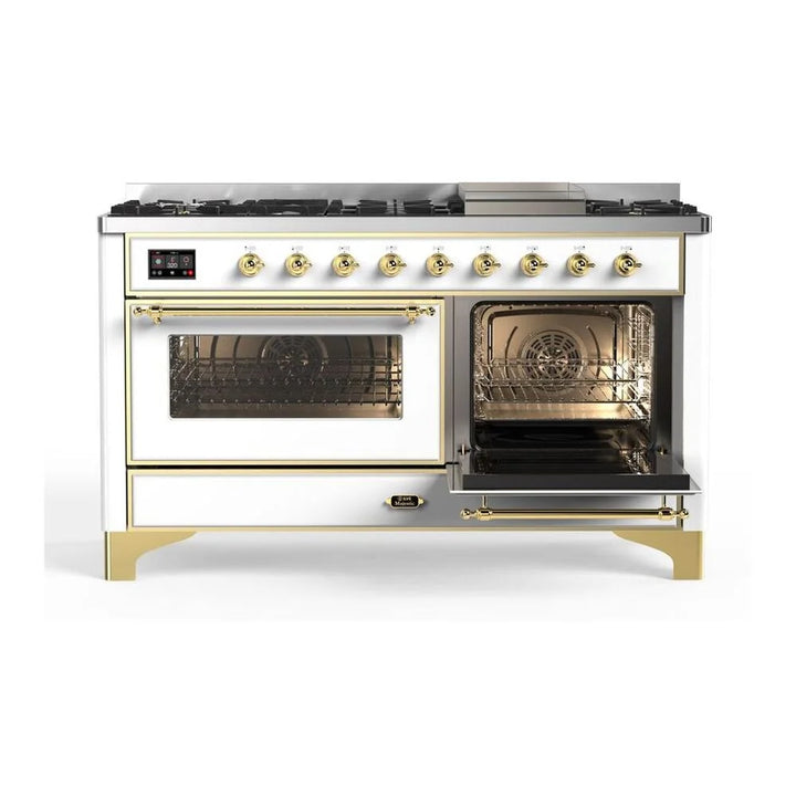 ILVE Majestic II 60" Dual Fuel Freestanding Range in White with Brass Trim, UM15FDNS3WHG