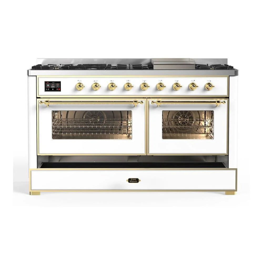 ILVE Majestic II 60" Dual Fuel Freestanding Range in White with Brass Trim, UM15FDNS3WHG