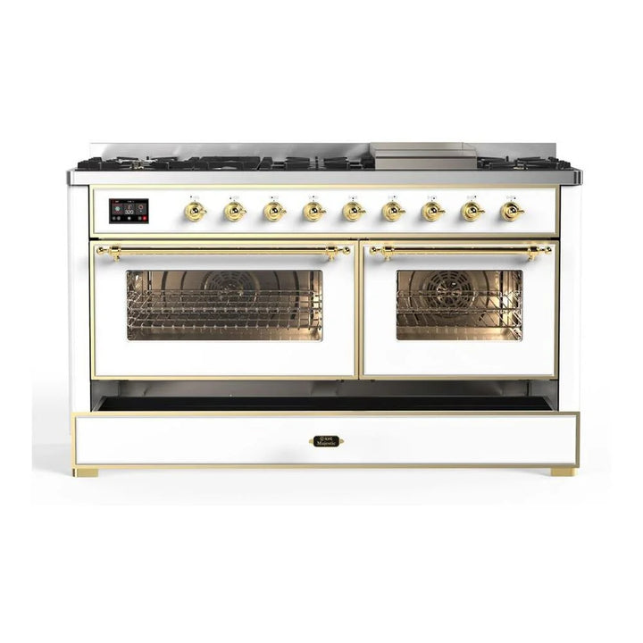 ILVE Majestic II 60" Dual Fuel Freestanding Range in White with Brass Trim, UM15FDNS3WHG