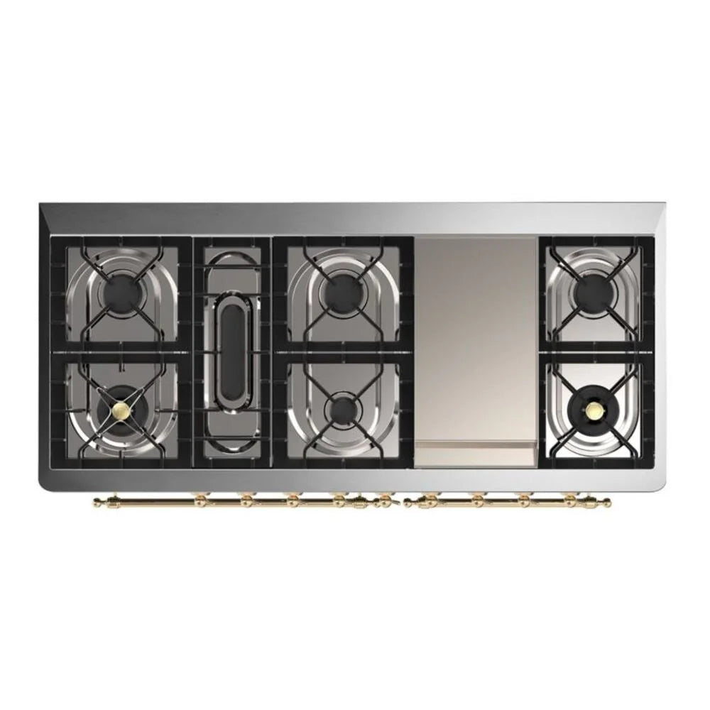 ILVE Majestic II 60" Dual Fuel Freestanding Range in White with Brass Trim, UM15FDNS3WHG